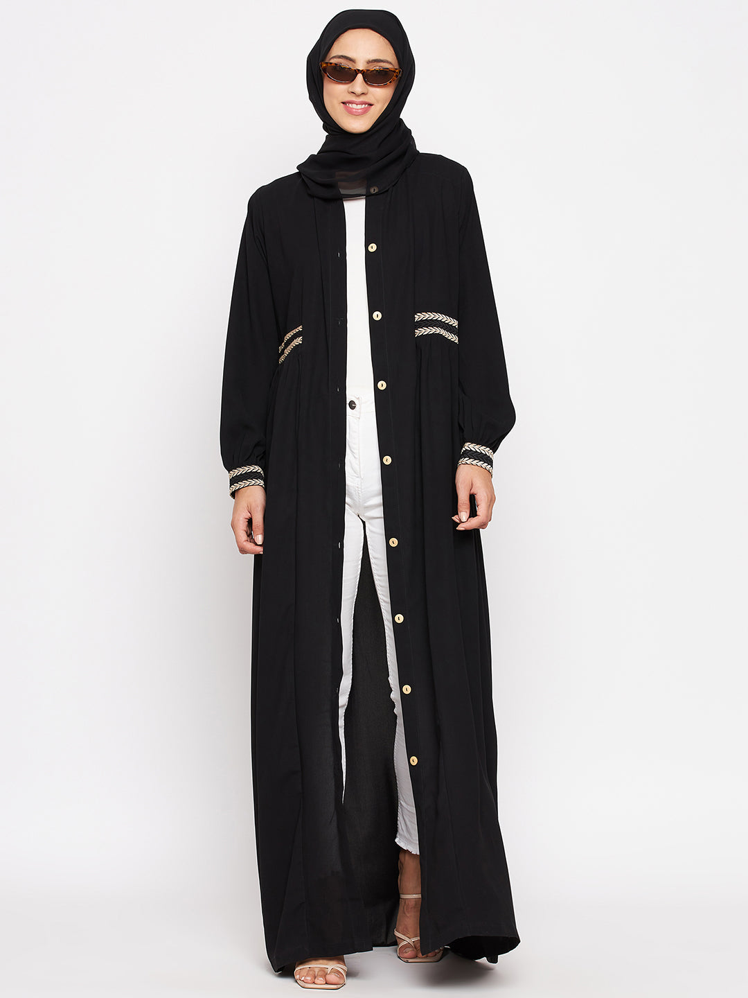 Nabia Women Black Embroidery Nida Matte Long Sleeves Abaya With Georgette Scarf