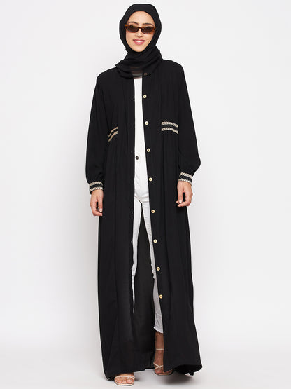 Nabia Women Black Embroidery Nida Matte Long Sleeves Abaya With Georgette Scarf