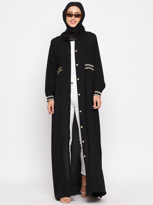 Nabia Women Black Embroidery Nida Matte Long Sleeves Abaya With Georgette Scarf