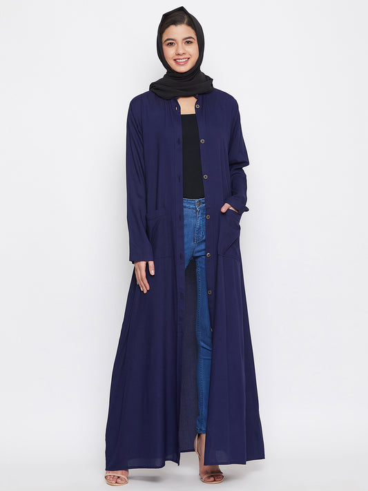 Nabia Women Blue Rayon Front Open Abaya with Georgette Scarf
