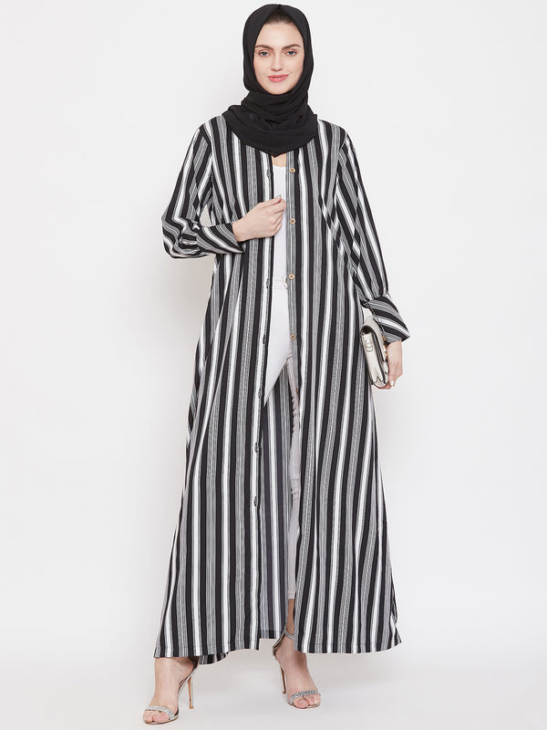 Nabia Women Black Front Open Striped Abaya With Georgette Scarf