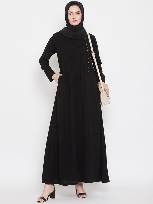 Nabia Women Black Solid Side Plate Abaya Dress With Georgette Scarf