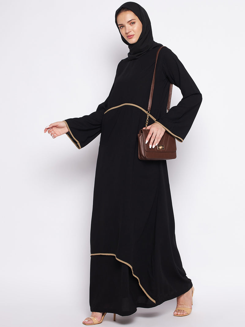 Nabia Black Nida Matte Fabric Piping Design Double Layer Abaya For Women With Georgette Scarf