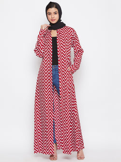 Nabia Women Red & White Printed Crepe Front Open Abaya Dress With Georgette Scarf