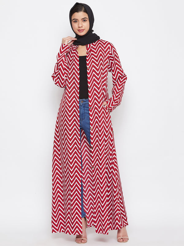 Nabia Women Red & White Printed Crepe Front Open Abaya Dress With Georgette Scarf