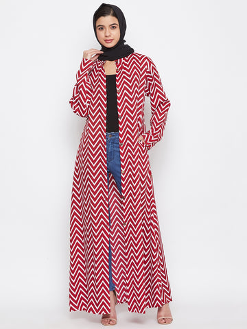 Nabia Women Red & White Printed Crepe Front Open Abaya Dress With Georgette Scarf