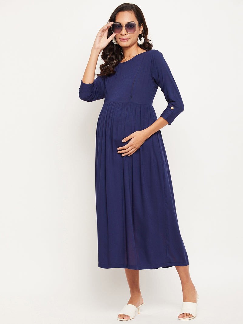Blue Solid Maternity Dress for Women