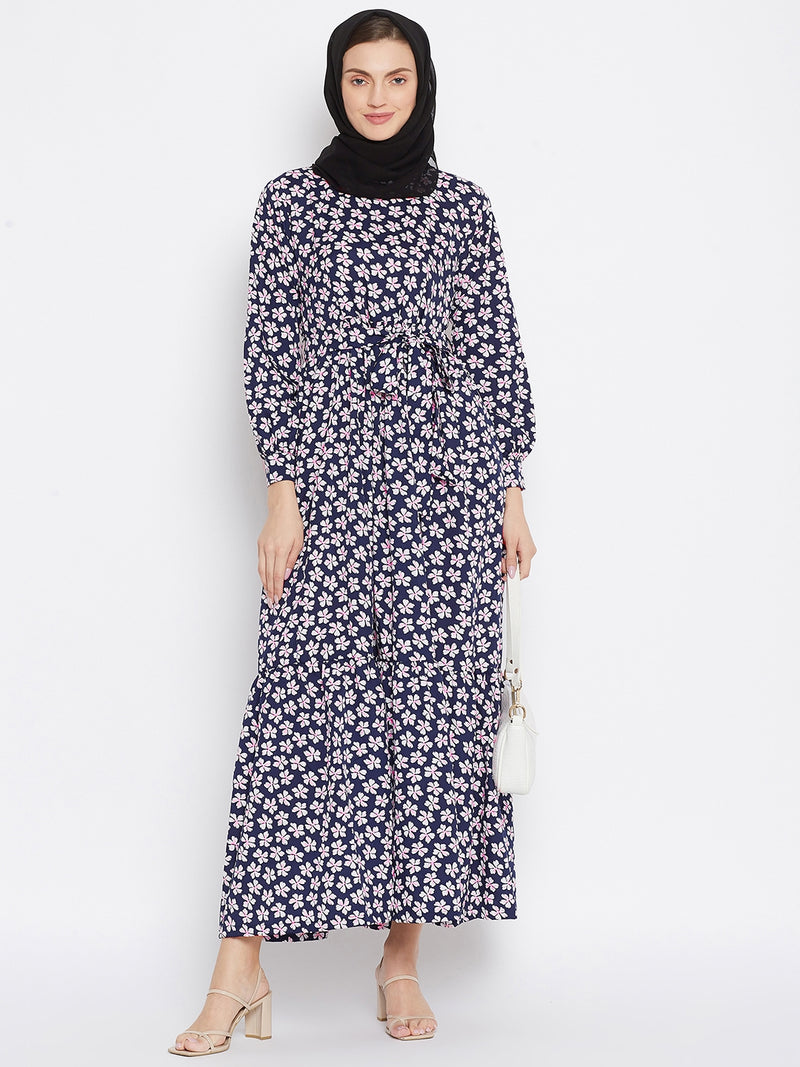 Nabia Women Blue Floral Printed Crepe Two Frill Abaya Dress With Georgette Scarf