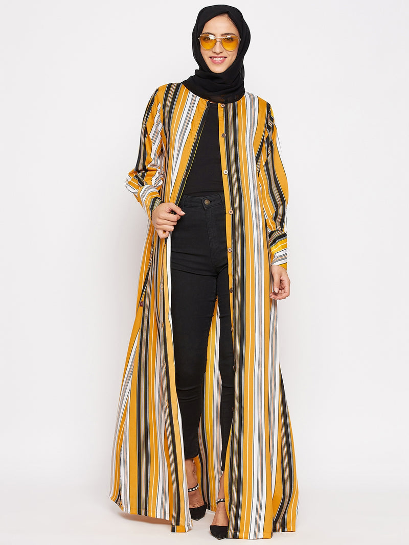 Nabia Women Yellow And Beige Front Open Striped Abaya With Georgette Scarf