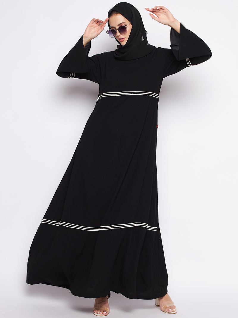 Nabia Black A-line Nida Matte Fabric Abaya For Women With Georgette Scarf
