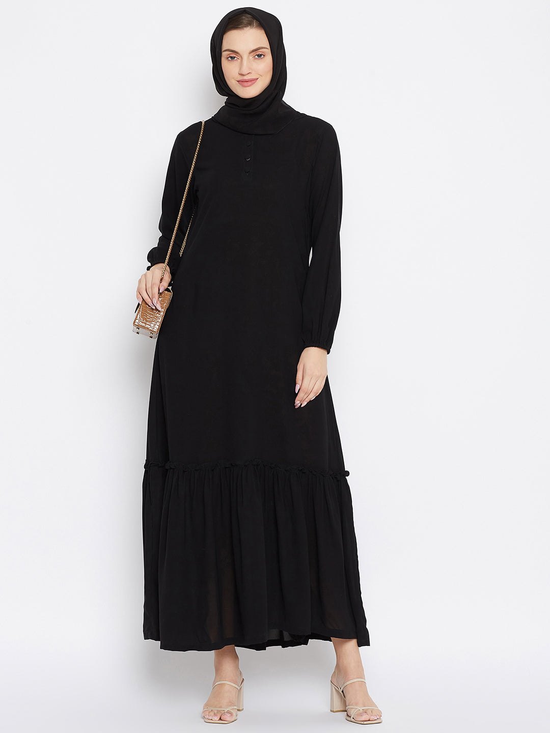 Nabia Women Black Solid Frill Abaya With Georgette Scarf