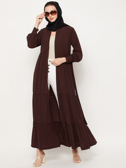 Nabia Brown Frilled Nida Matte Fabric Women Abaya With Georgette Scarf