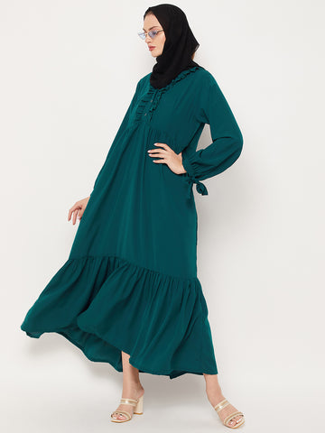 Nabia Bottle Green Ruffle Design Nida Matte Fabric Women Abaya With Georgette Scarf
