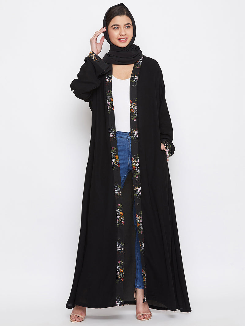 Nabia Women Black Dubai Style Front Open Nida Matte Fabric Abaya with Georgette Scarf
