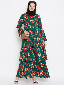 Nabia Women Bottle Green Floral Printed Crepe Three Frill Abaya Dress With Georgette Scarf
