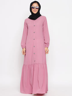 Nabia Women Fuse Pink Solid Frill Abaya With Georgette Scarf