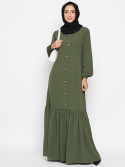 Nabia Women Jade Green Solid Frill Abaya Burqa With Georgette Scarf