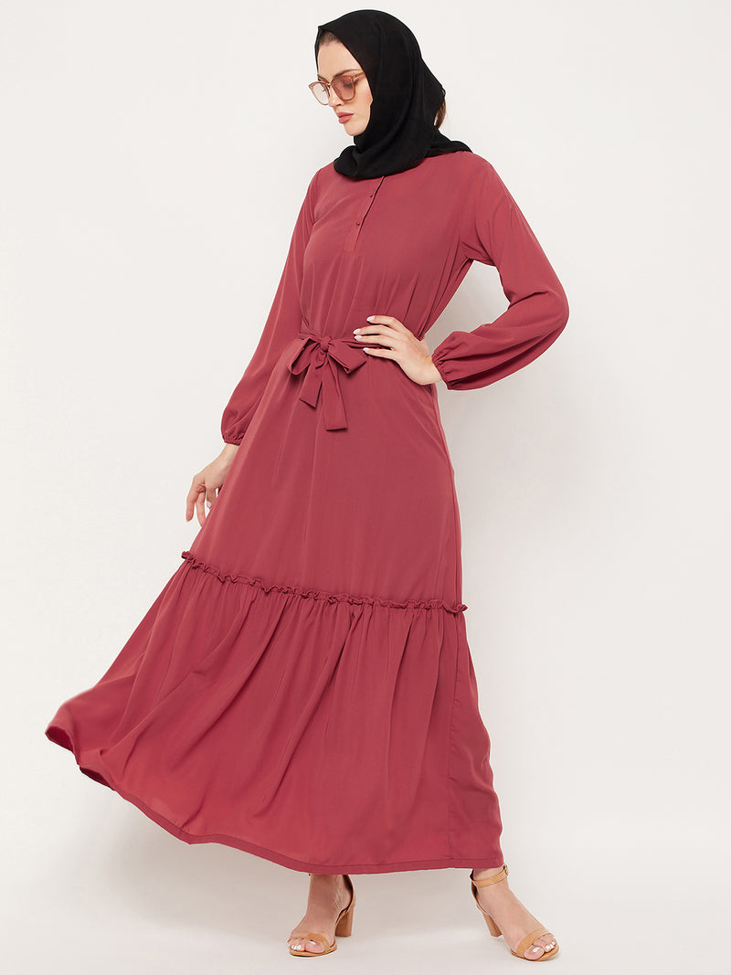 Nabia Rust Nida Matte Fabric Abaya With Georgette Scarf