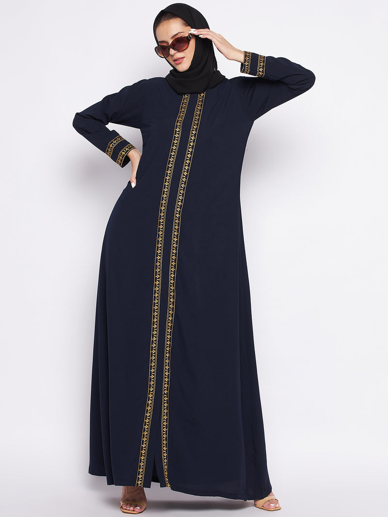 Nabia Blue Solid Nida Matte Fabric Abaya For Women With Georgette Scarf