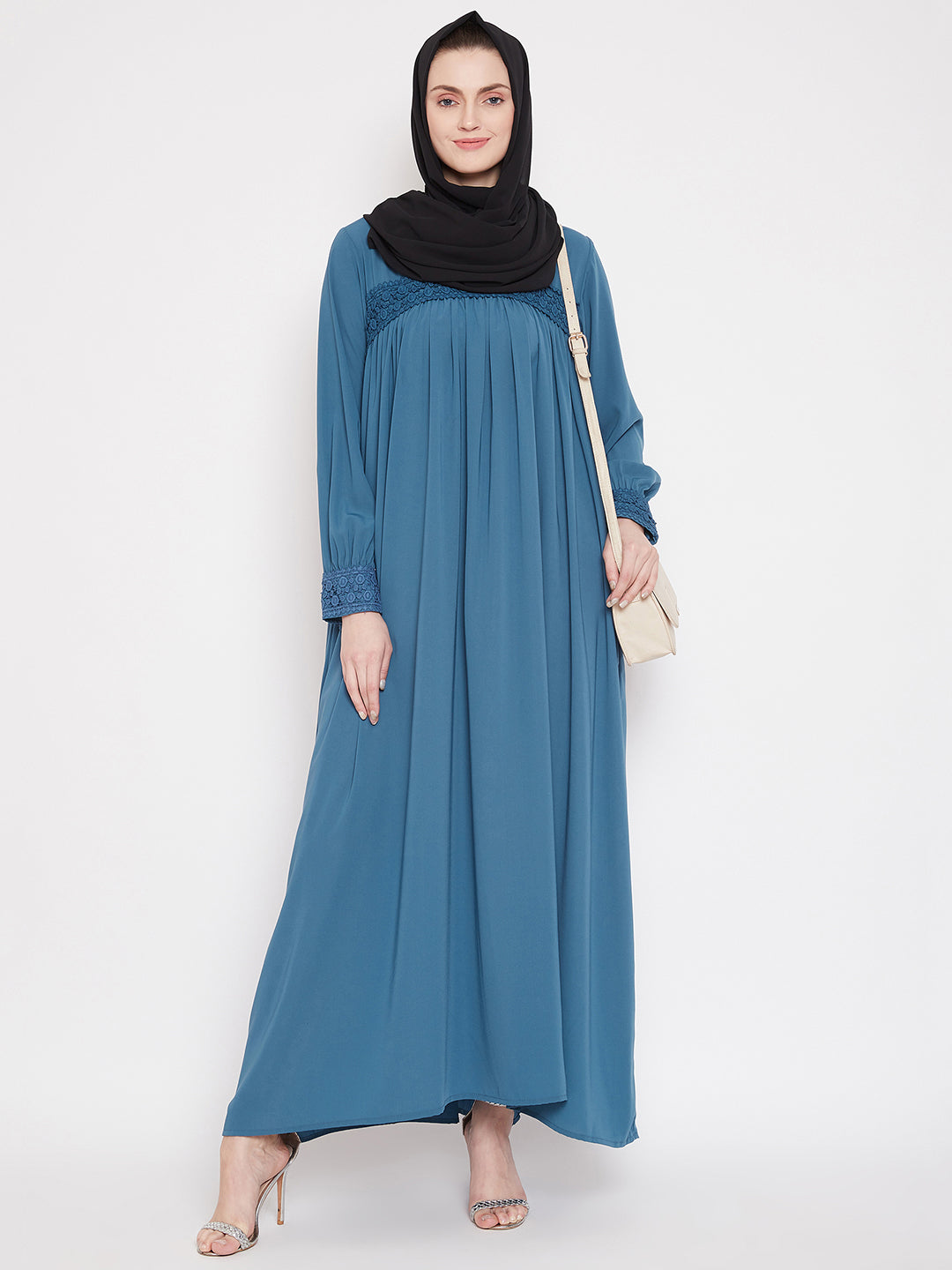 Nabia  Women Sky Blue Solid Lace Maxi Abaya Dress With Georgette Scarf