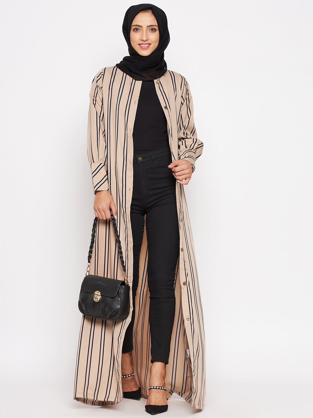 Nabia Women Beige Front Open Striped Abaya With Georgette Scarf