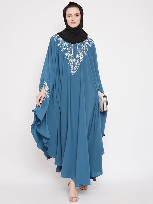 Nabia Women Sky Blue Irani Kaftan Abaya Enhanced With Chikan Hand Embroidered With Georgette Scarf