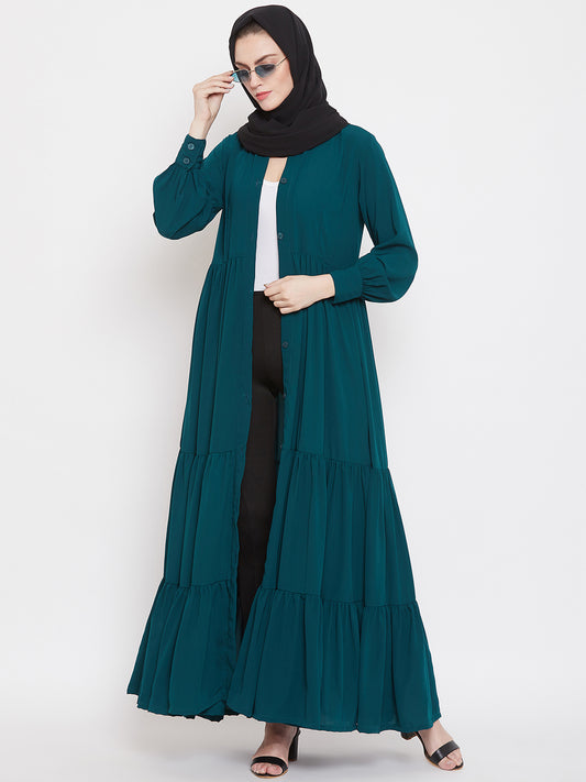 Nabia Women Bottle Green Solid Front Open Three Frilled Abaya  With Georgette Scarf