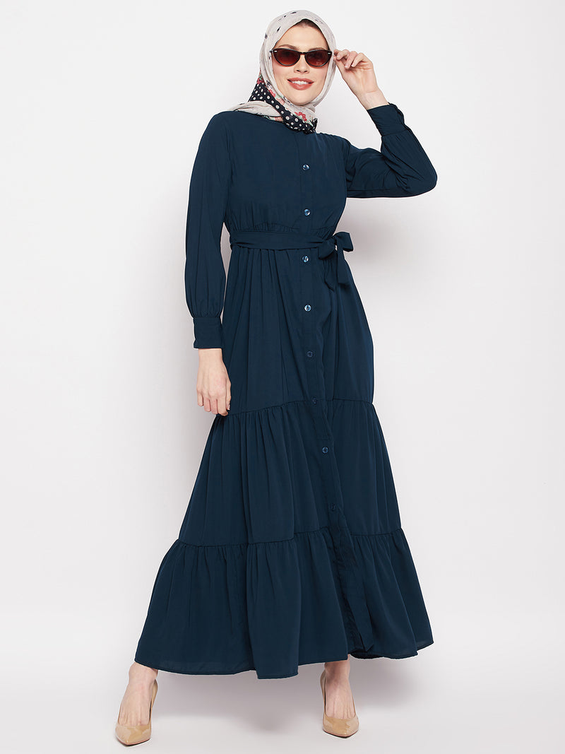 Nabia Women Teal Solid Frilled Nida Matte Fabric Abaya Burqa With Black Georgette Scarf