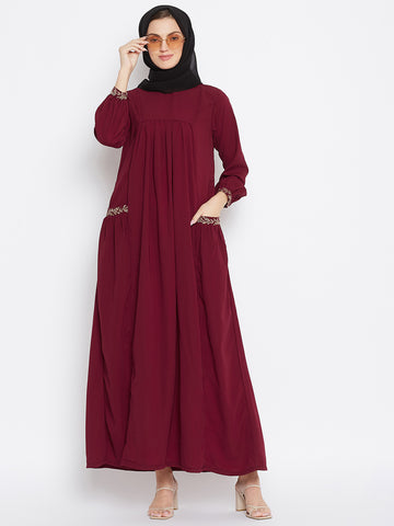 Nabia Women Maroon Pocket Embroidery Nida Matte Fabric Abaya with Georgette Scarf