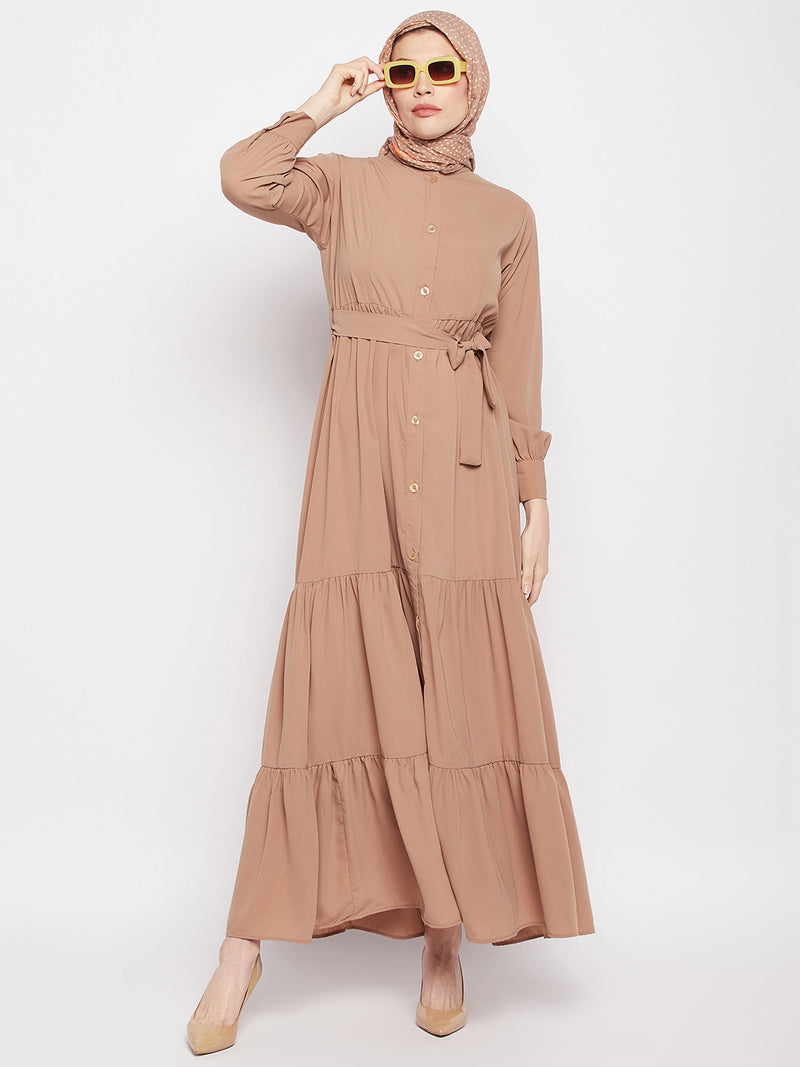 Nabia Women Beige Solid Frilled Nida Matte Fabric Abaya Burqa With Black Georgette Scarf
