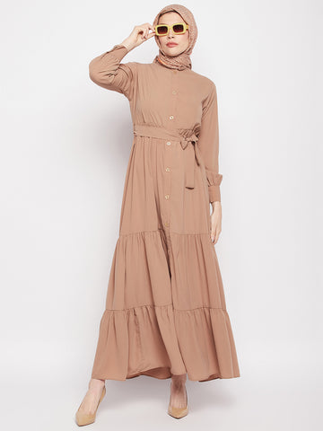 Nabia Women Beige Solid Frill Abaya Burqa with Black Georgette Scarf