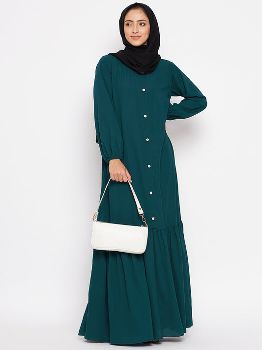 Nabia Women Bottle Green Solid Frill Abaya Burqa With Georgette Scarf