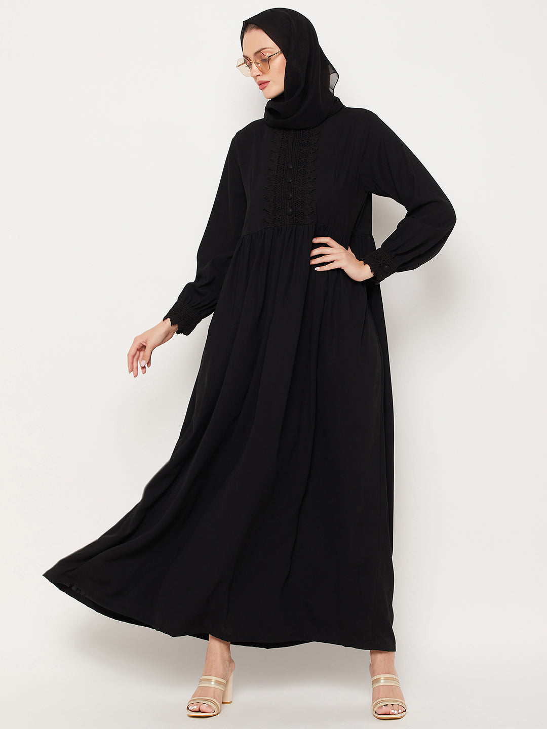 Nabia Black Lace Women Abaya with Georgette Scarf