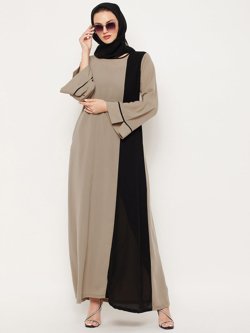 Nabia Beige & Black Nida Matte Fabric Abaya With Georgette Scarf