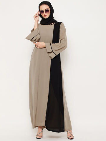 Nabia Beige & Black Nida Matte Fabric Abaya For Women With Georgette Scarf