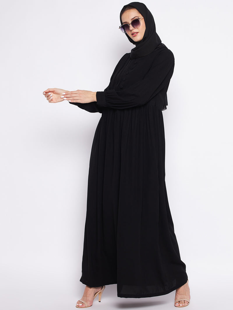 Nabia Black Solid Nida Matte Fabric Abaya For Women With Georgette Scarf