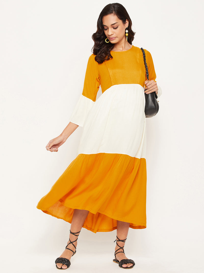 Yellow & White Solid Maternity Dress for Women