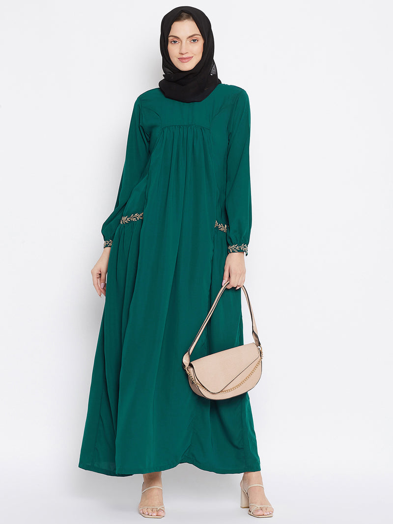 Nabia Women Bottle Green Pocket Embroidery Nida Matte Fabric Abaya with Georgette Scarf