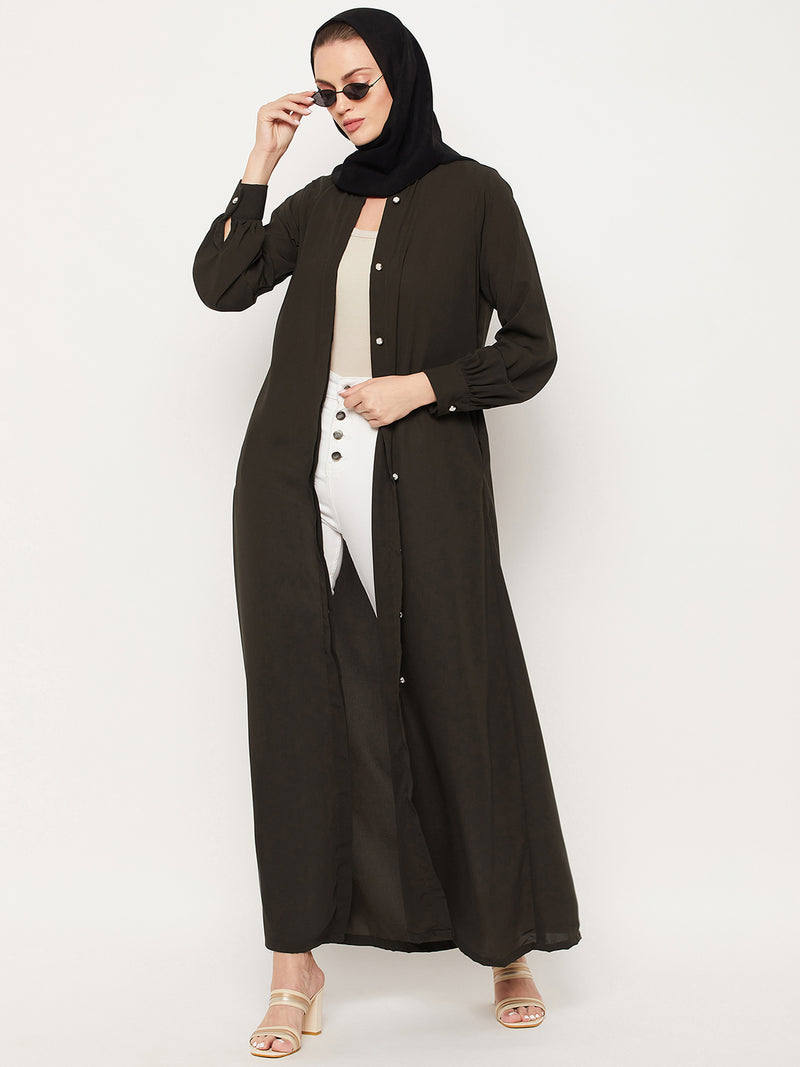 Nabia Olive Green Nida Mate Fabric Front Open  Abaya With Georgette Scarf