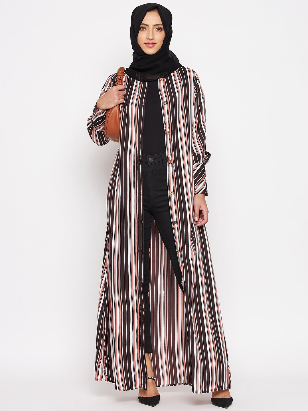Nabia Brown Front Open Striped Abaya with Georgette Scarf