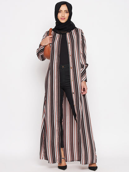 Nabia Brown Front Open Striped Abaya with Georgette Scarf