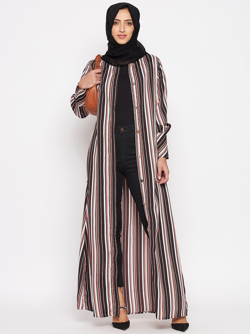 Nabia Women Brown Front Open Striped Abaya With Georgette Scarf