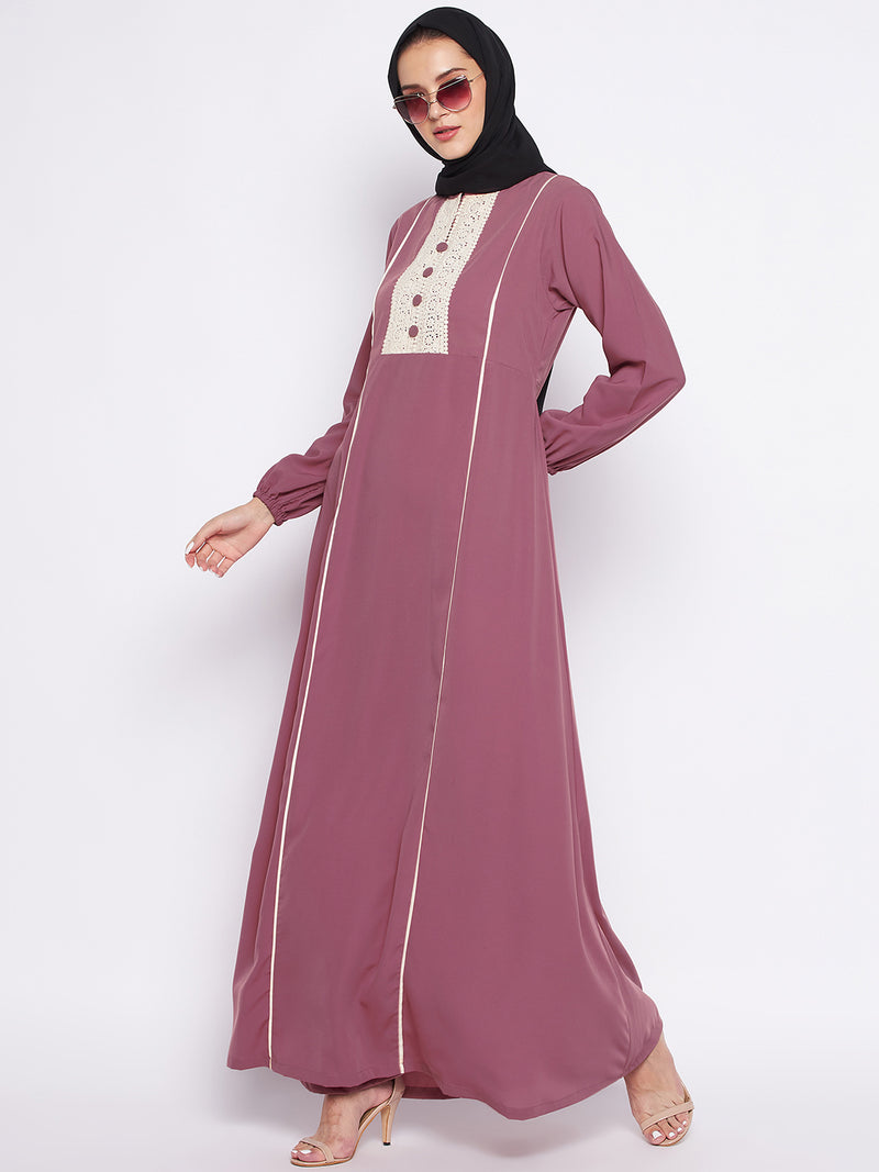 Nabia Puce Pink Nida Matte Fabric Lace Abaya For Women With Georgette Scarf