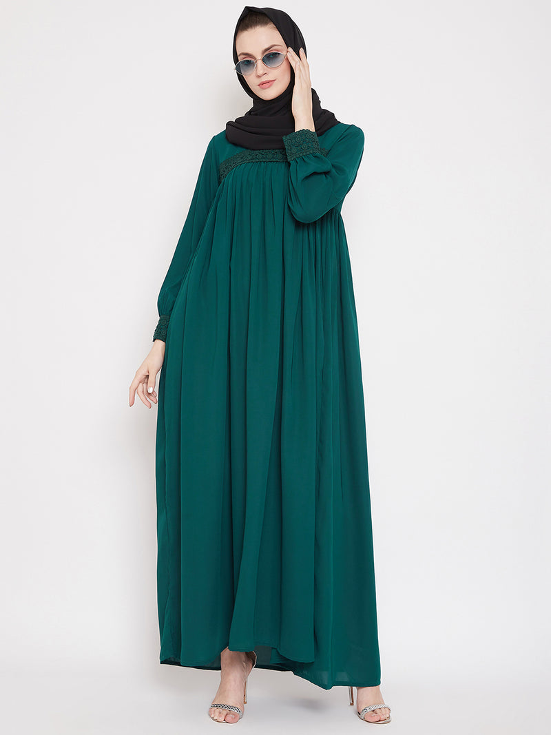 Nabia  Women Green Solid Lace Maxi Abaya Dress Abaya With Georgette Scarf