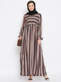 Nabia Brown Stripe Crepe Abaya Dress with Georgette Scarf