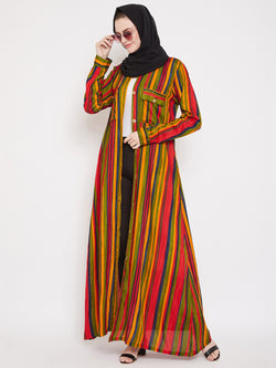 Nabia Women Multi Striped Fabric Rayon Front Open Abaya With Georgette Scarf