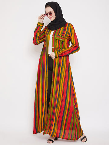 Nabia Women Multi Striped Fabric Rayon Front Open Abaya With Georgette Scarf