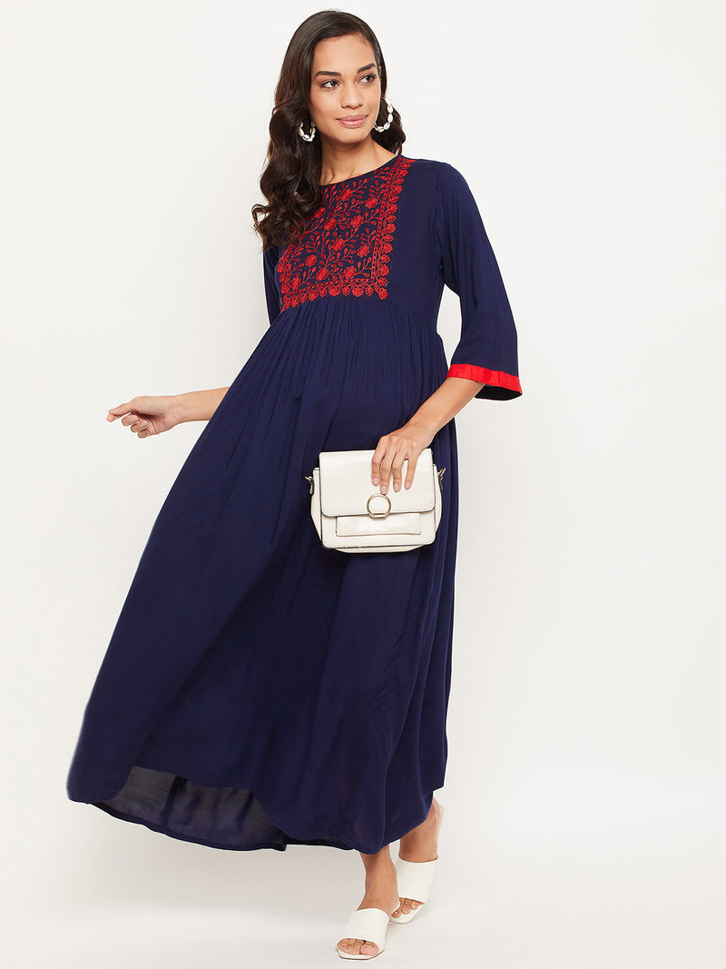 Blue Embroidered Maternity Dress for Women