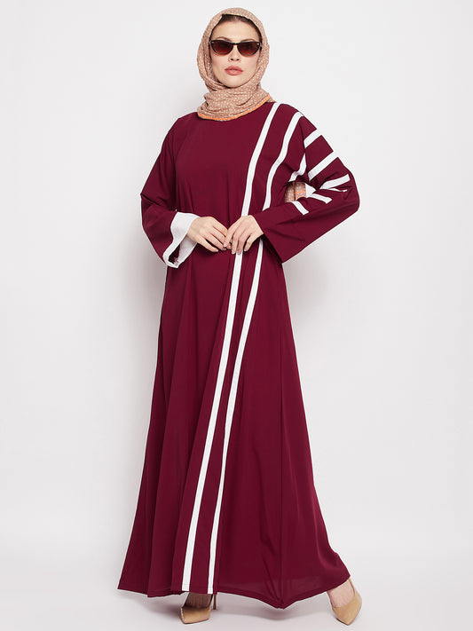 Nabia Women Maroon & White A-line Abaya Burqa with Black Georgette Scarf