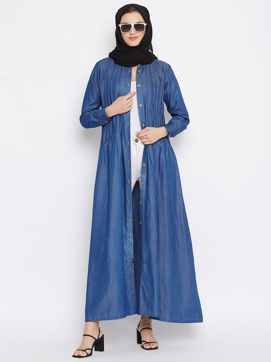 Nabia Women Blue Solid Denim Front Open Abaya Dress With Georgette Scarf